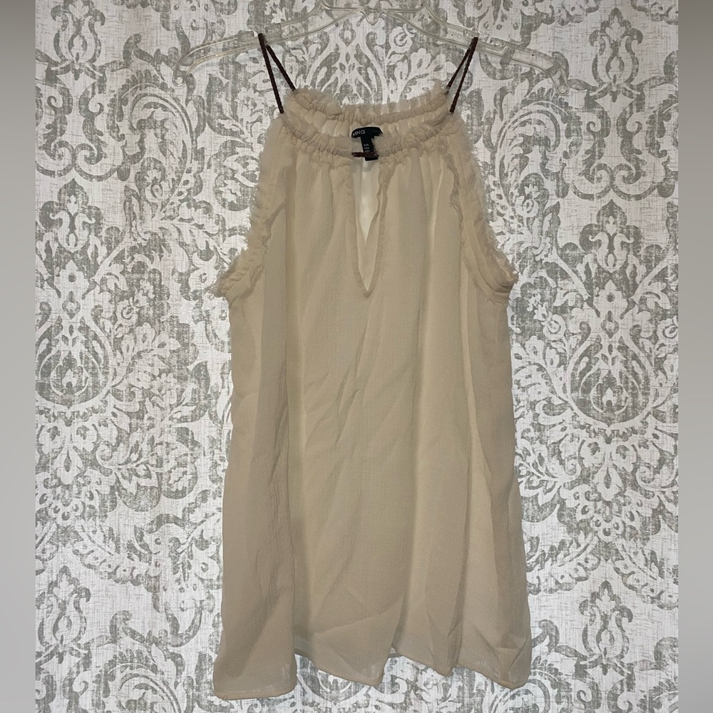 MNG Casual Mango Braided Strap Ruffle Fringe Sleeveless Blouse White Brown S